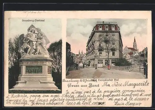 AK Basel, Strassburg-Denkmal, Hotel Europäischer Hof