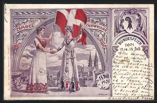 Künstler-AK Basel, Bundesfeier 1901, Frauen in Trachten