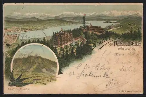 Lithographie Zürich, Gruss vom Uetliberg, Restauration-Hotel mit Schweizer Fahnen, 1894