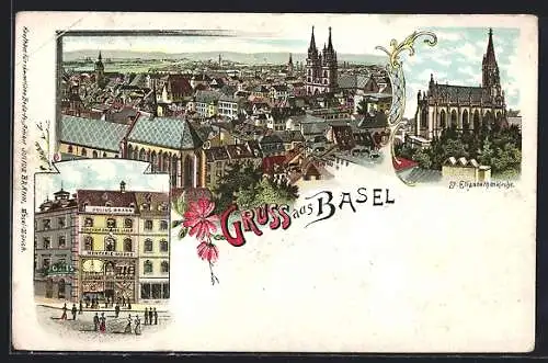 Lithographie Basel, St. Elisabethkirche, Julius Brahn Mercerie-Modes, Totalansicht