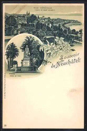 Lithographie Neuchâtel, Vue générale, Baie du Mont Blanc, Statue David de Pury