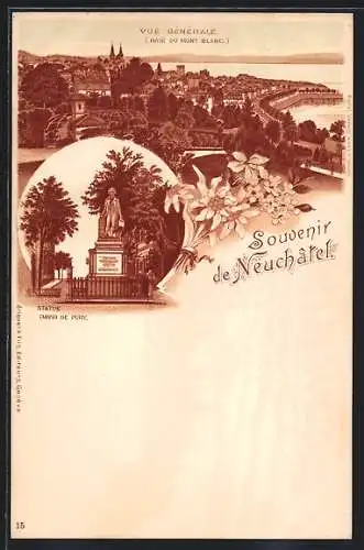 Lithographie Neuchâtel, Statue David de Pury, Vue générale