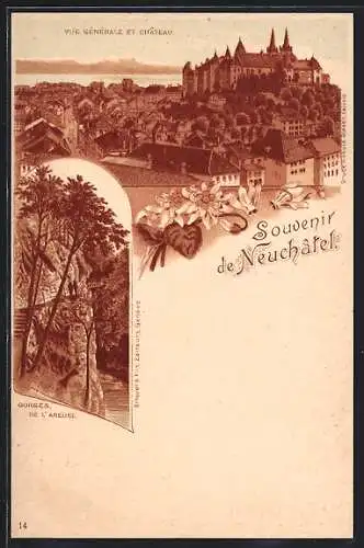 Lithographie Neuchatel, Vue Generale et Chateau, Gorges de l`Areuse
