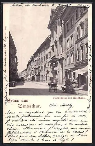 AK Winterthur, Marktgasse mit Rathhaus