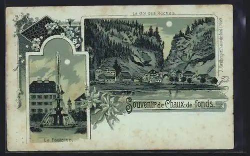 Mondschein-Lithographie Chaux-de-Fonds, La Fontaine, Le Col des Roches