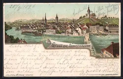 Lithographie Schaffhausen, Panoramablick auf den Ort