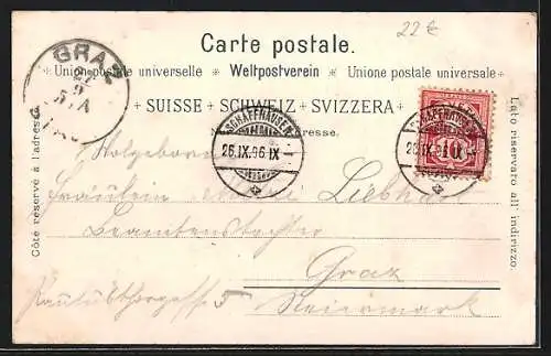 Lithographie Schaffhausen, Panoramablick auf den Ort