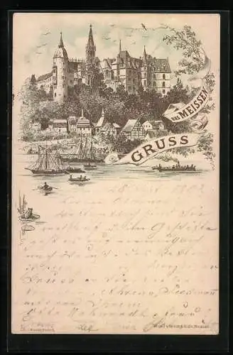 Vorläufer-Lithographie Meissen, 1894, Albrechtsburg von der Elbe gesehen