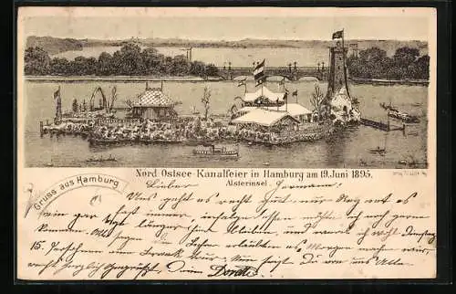 Vorläufer-Lithographie Hamburg-St.Georg, Feier am Nord-Ostseekanal zum 19.06.1895, Alsterinsel