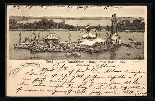 Vorläufer-Lithographie Hamburg-St.Georg, 1895, Feier am Nord-Ostseekanal zum 19.06., Alsterinsel aus der Vogelschau