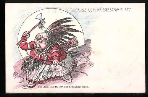 Künstler-AK Gracious Queen Victoria auf dem Kriegspfade, Burenkrieg