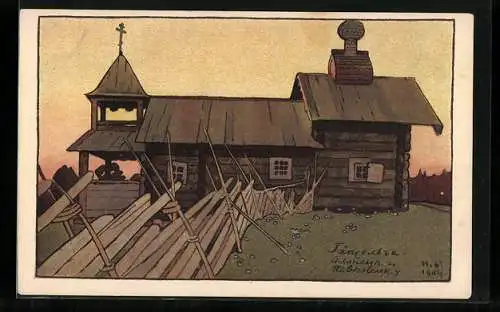 Künstler-AK sign. Bilibin: Kapelle aus Holz, Rotes Kreuz Russland