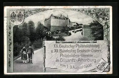 AK Gössnitz-Altenburg, XX. Deutscher Philatelistentag 1908, Schloss, Wappen