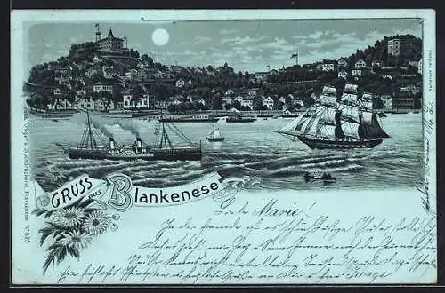 Mondschein-Lithographie Hamburg-Blankenese, Dampfer und Segelschiff vor dem Ort