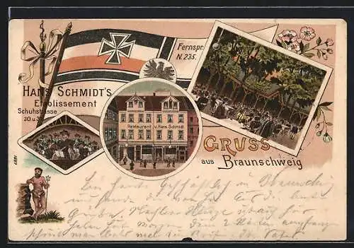 Lithographie Braunschweig, Gasthaus und Etablissement Hans Schmidt, Schuhstrasse 30 u. 31, Reichskriegsflagge