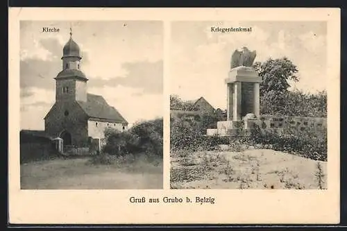 AK Grubo b. Belzig, Kirche und Kriegerdenkmal