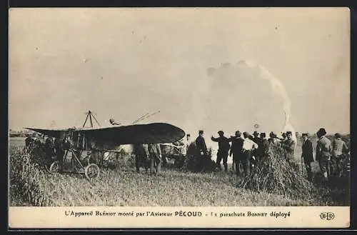 AK L`Appareil Bleriot monte oar l`Aviateur Pegoud, Pegoud im Flugzeug von Bleriot mit Brems-Fallschirm