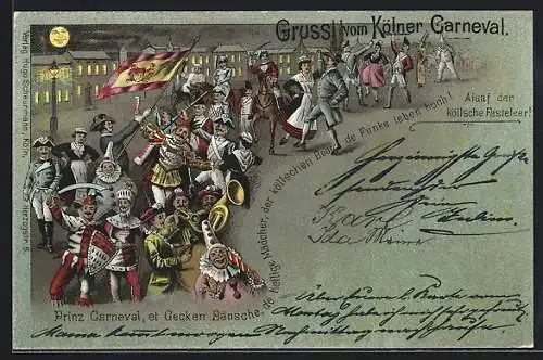 Lithographie Köln, Prinz Carneval, et Gecken Bänsche, de heilige Mädchen & der köllschen Boor de Funke, Faschingsumzug