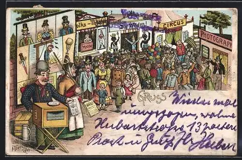 Lithographie Leierkastenmann auf einem Volksfest