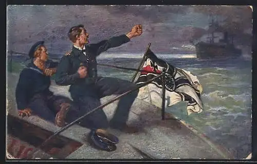 AK gesunkenes Zeppelin L-19, Kapitän ruft engl. Schiff hinterher, Propaganda 1. Weltkrieg