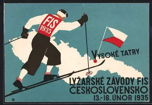 AK Vysoké Tatry, Lyzarské Závody Fis Ceskoslovensko 1935, Skifahrer und Landkarte