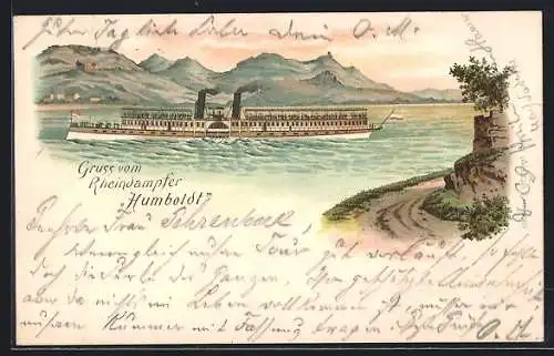 Vorläufer-Lithographie Rheindampfer Humboldt in Fahrt, 1895, im Hintergrund eine Burg