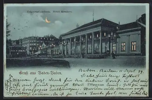 Mondschein-AK Baden-Baden, Conversationshaus & Hotel Messmer, Halt gegen das Licht