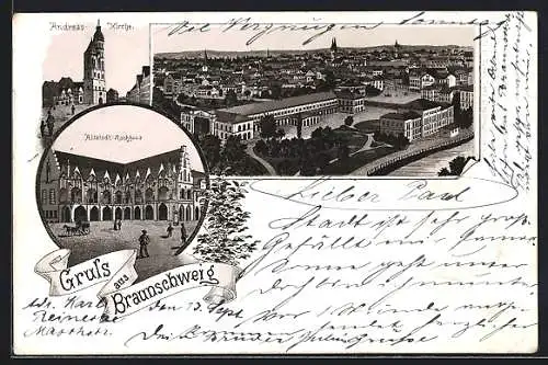 Vorläufer-Lithographie Braunschweig, 1895, Andreas-Kirche, Altstadt-Rathaus, Blick über die Dächer