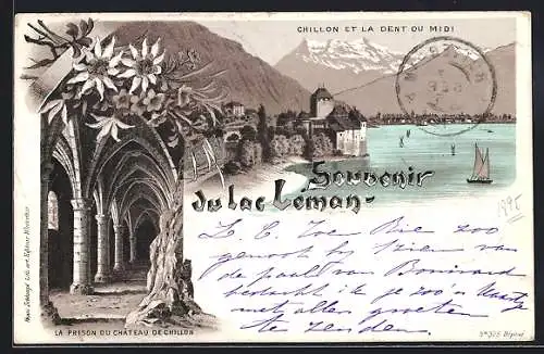 Vorläufer-Lithographie Chillon, 1895, Chateau et Lac Leman, La Prison du Chateau de Chillon
