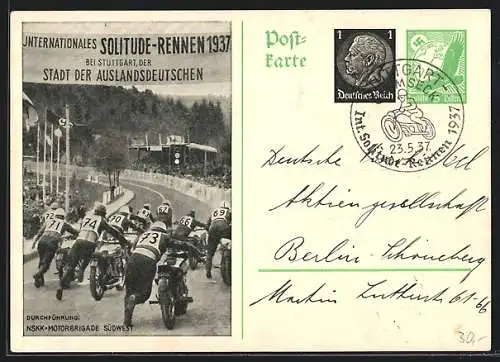 AK Stuttgart, Internationales Solitude-Rennen 1937, Durchführung NSKK-Motorbrigade Südwest, Ganzsache 1+5 Pfennig