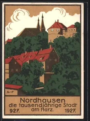 Steindruck-AK Nordhausen /Harz, Tausendjahrfeier der Stadt 1927, Ganzsache 5 Pfennig