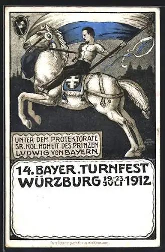 Künstler-AK Würzburg, 14. Bayer. Turnfest 1912, Turner auf Pferd, Ganzsache Bayern 5 Pfennig