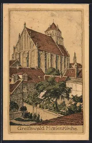 Steindruck-AK Greifswald, Ortspartie mit Marienkirche