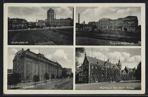 AK Riesa, Steifenfabrik, Teigwarenfabrik, Zündholzfabrik, Rathaus