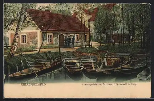 AK Burg / Spreewald, Landungsstelle am Gasthaus z. Spreewald, Ruderboote