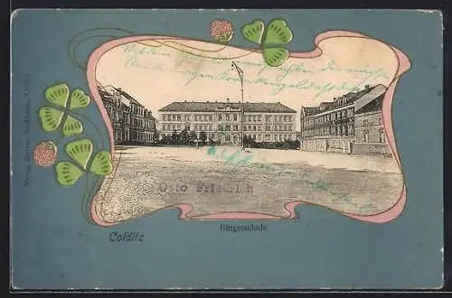 Passepartout-AK Colditz, Blick auf die Bürgerschule, Klee