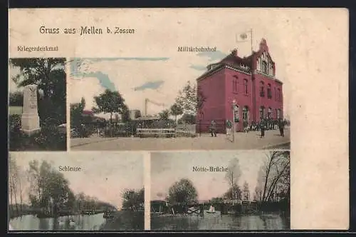 AK Mellen b. Zossen, Militärbahnhof, Schleuse, Notte-Brücke, Kriegerdenkmal