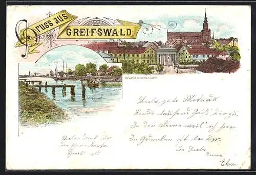 Lithographie Greifswald, Flussansicht und Stadtpartie