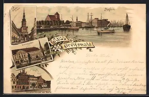 Lithographie Greifswald, Nicolai-Kirche, Universität, Hafen, Alte Häuser am Markt