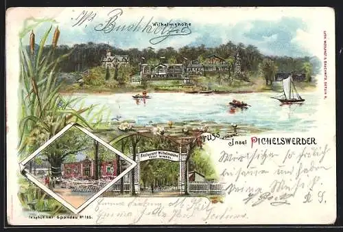 Lithographie Berlin-Pichelsberge, Restauration Wilhelmshöhe auf Insel Pichelswerder