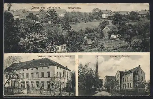 AK Jahnshain, Gasthof Arthur Heinich, Kirche und Schule, Ortsansicht