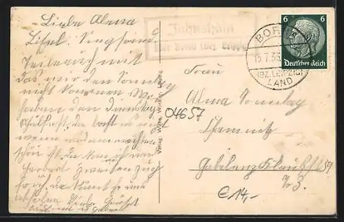 AK Jahnshain, Gasthof Arthur Heinich, Kirche und Schule, Ortsansicht