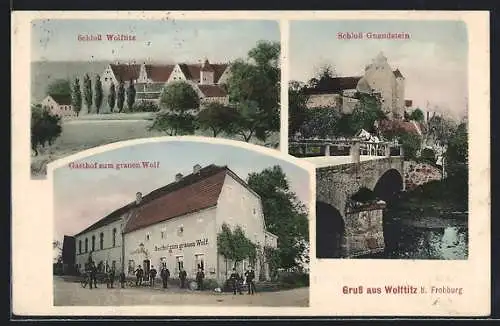 AK Wolftitz /Frohburg, Gasthof zum grauen Wolf, Schlösser Wolftitz und Gnandstein