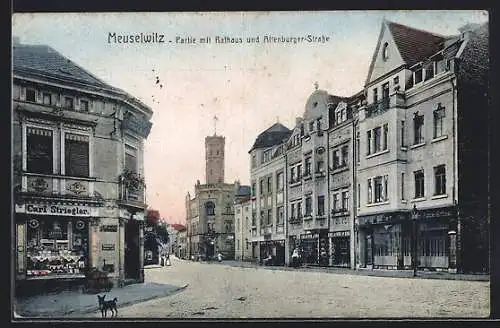 AK Meuselwitz / Thür., Partie mit Rathaus und Altenburger-Strasse