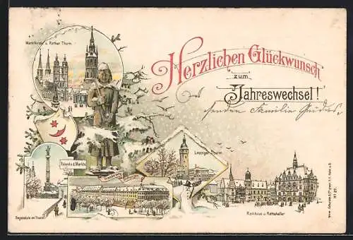 Winter-Lithographie Halle /Saale, Franckesche Stiftungen, Wappen, Marktkirche und Rother Thurm, Rathhaus und Rathskeller