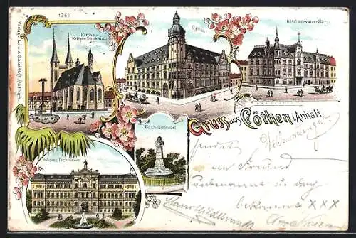 Lithographie Cöthen i. Anhalt, Hotel schwarzer Bär, Höheres Technicum, Bach-Denkmal