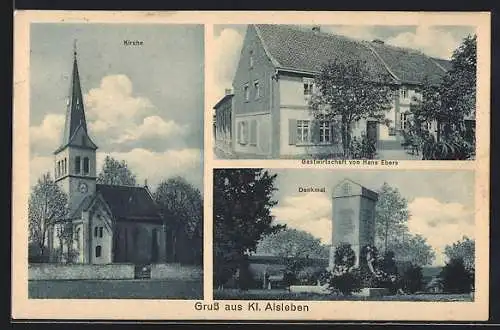 AK Kl. Alsleben / Saale, Gasthaus Hans Ebers, Kriegerdenkmal, Kirche