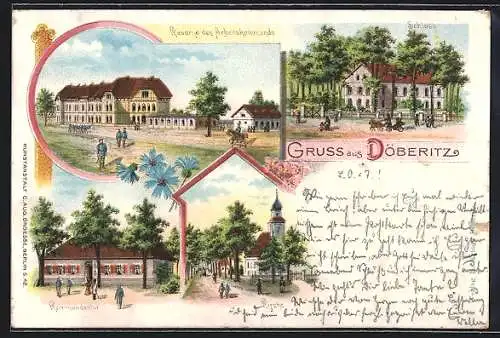 Lithographie Döberitz, Kaserne des Arbeitskommandos, Schloss, Kommandantur