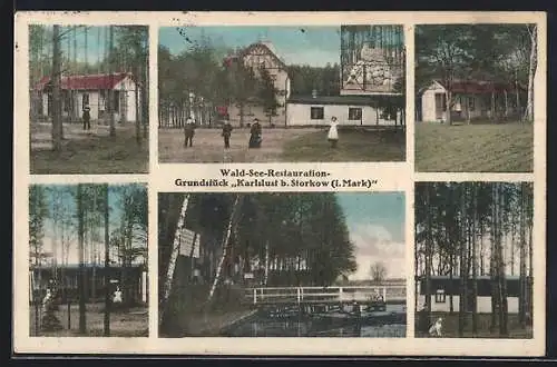 AK Storkow /Mark, Gaststätte Karlslust / Wald-See-Restauration-Grundstück, Ufer mit Brücke, Gebäudeansichten