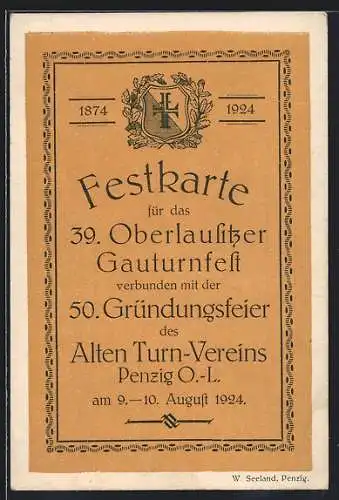 AK Penzig /O. L., Oberlausitzer Turnfest / Gründungsfeier des Alten Turnvereins 1924, Turner-Signet, rücks. Festprogramm